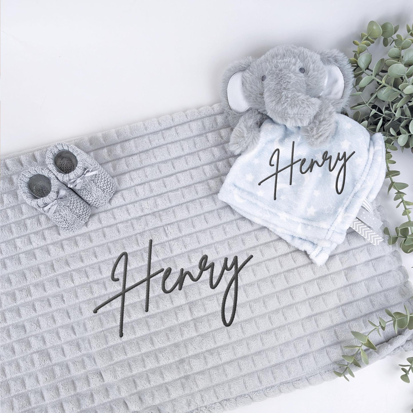 Personalised Embroidered Blue Elephant Blanket + Comforter | Booties Gift Set | Baby Boy | Babyshower | Newborn Coming Home|Newborn Gift Set
