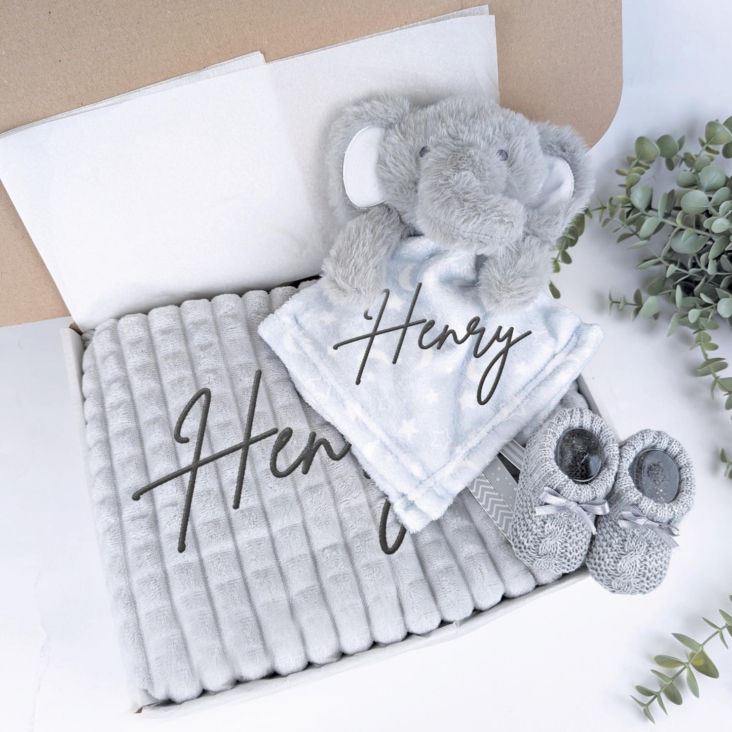 Personalised Embroidered Blue Elephant Blanket + Comforter | Booties Gift Set | Baby Boy | Babyshower | Newborn Coming Home|Newborn Gift Set