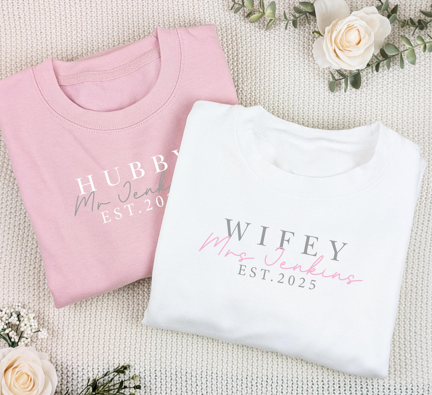 Personalised Hubby & Wifey Sweatshirt Set, Newlyweds, Matching Outfits, Wedding Gift, Honeymoon Jumper, Mr + Mrs Matching Set, Just Married