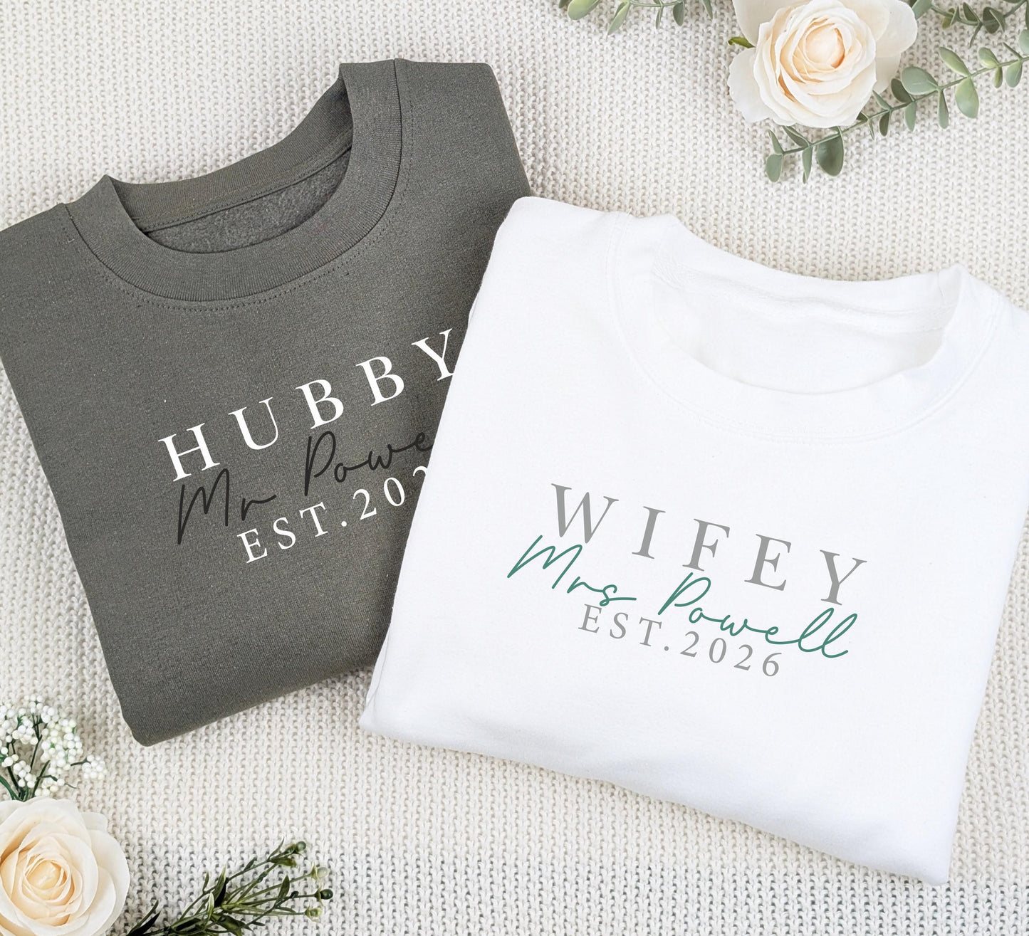 Personalised Hubby & Wifey Sweatshirt Set, Newlyweds, Matching Outfits, Wedding Gift, Honeymoon Jumper, Mr + Mrs Matching Set, Just Married