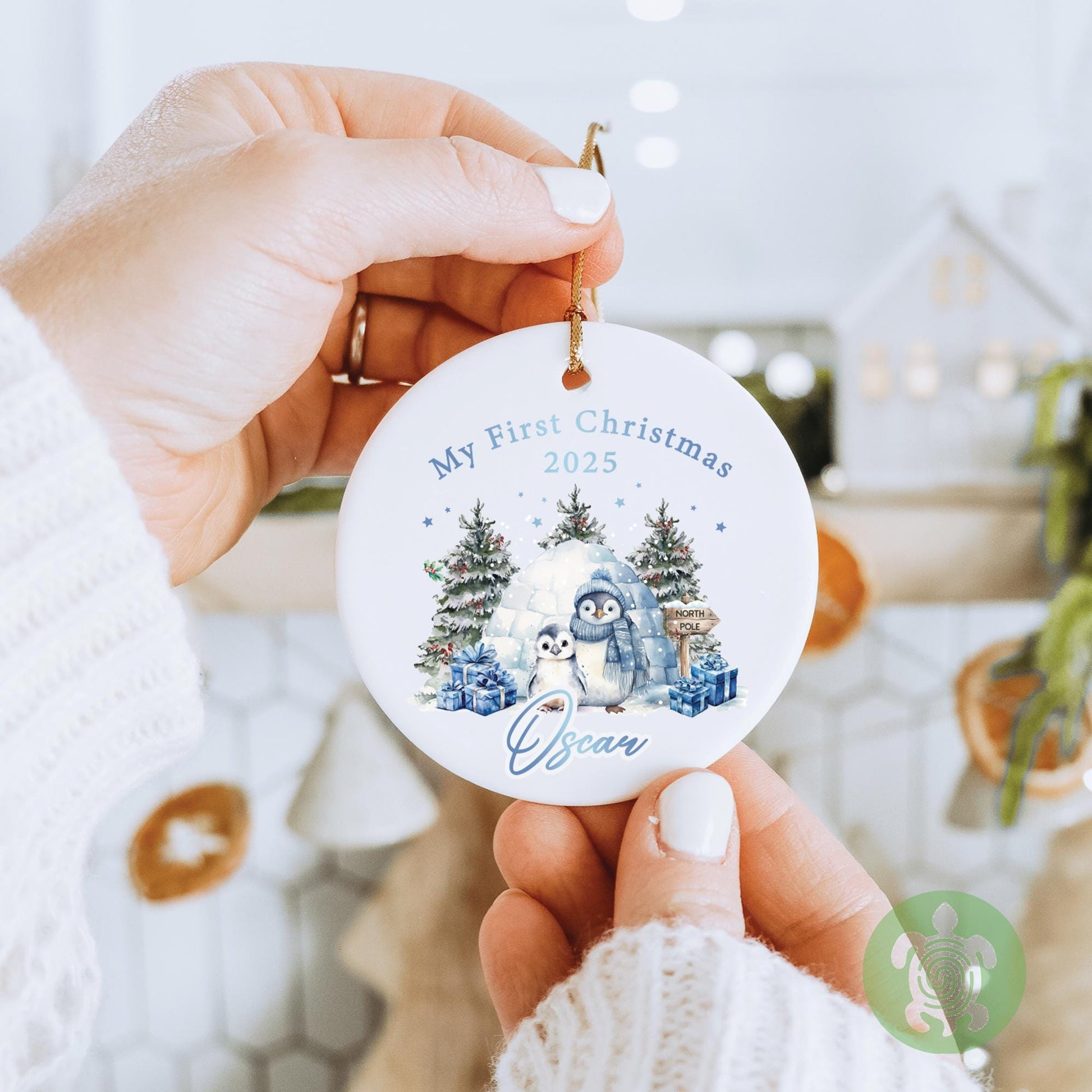 Personalised Blue Penguin Merry Christmas Ornament | Ceramic Bauble | Custom Newborn Gift | 1st Xmas Tree Decoration | First Keepsake2025