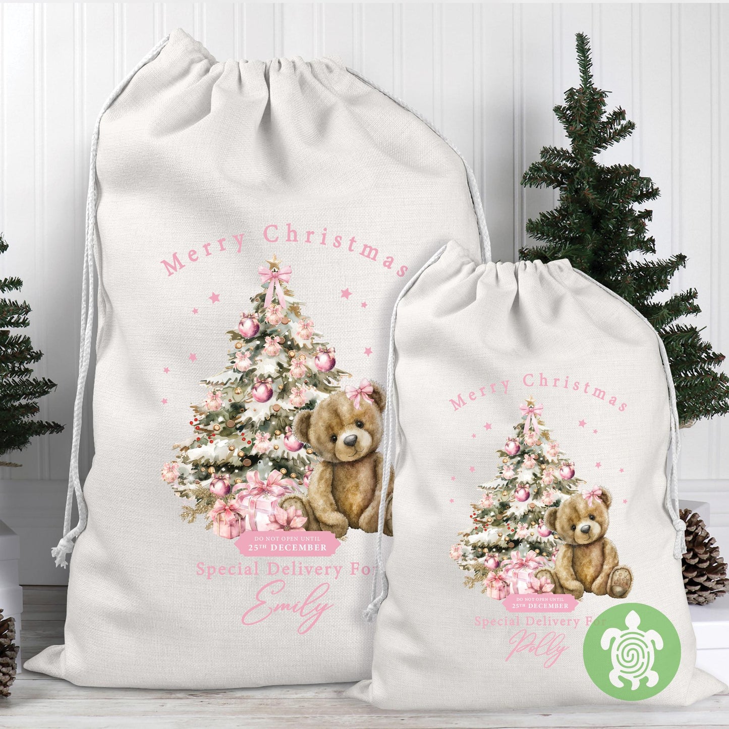 Personalised Christmas Pink Teddy Sack, Luxury Recycled cotton Christmas Sack, Christmas Eve Box, 1st Christmas sack, Christmas Eve bag
