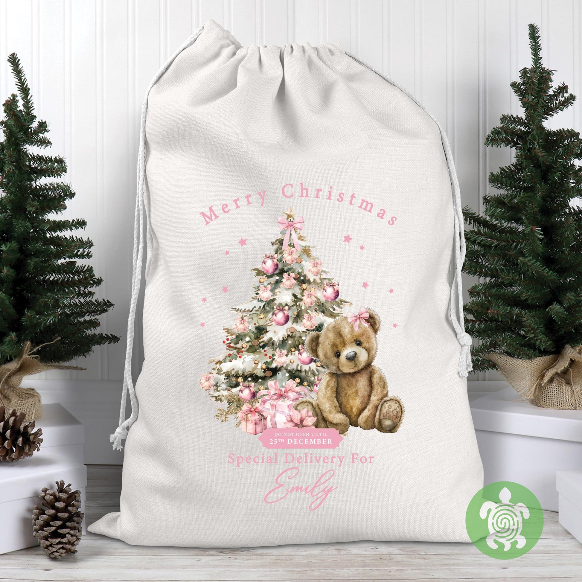 Personalised Christmas Pink Teddy Sack, Luxury Recycled cotton Christmas Sack, Christmas Eve Box, 1st Christmas sack, Christmas Eve bag