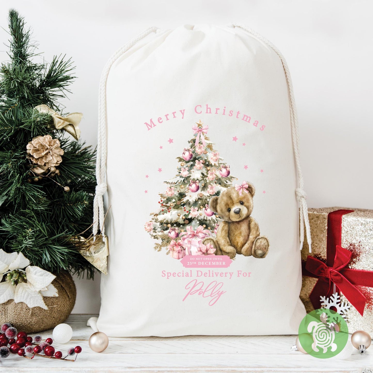 Personalised Christmas Pink Teddy Sack, Luxury Recycled cotton Christmas Sack, Christmas Eve Box, 1st Christmas sack, Christmas Eve bag