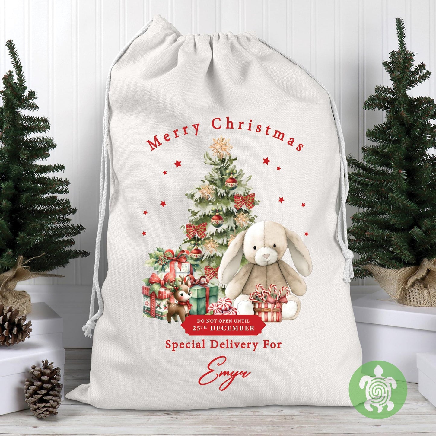 Personalised Christmas Red Bunny Sack, Luxury Linen Polyester Christmas Sack, Christmas Eve Box, 1st Christmas sack, Toy Gift bag