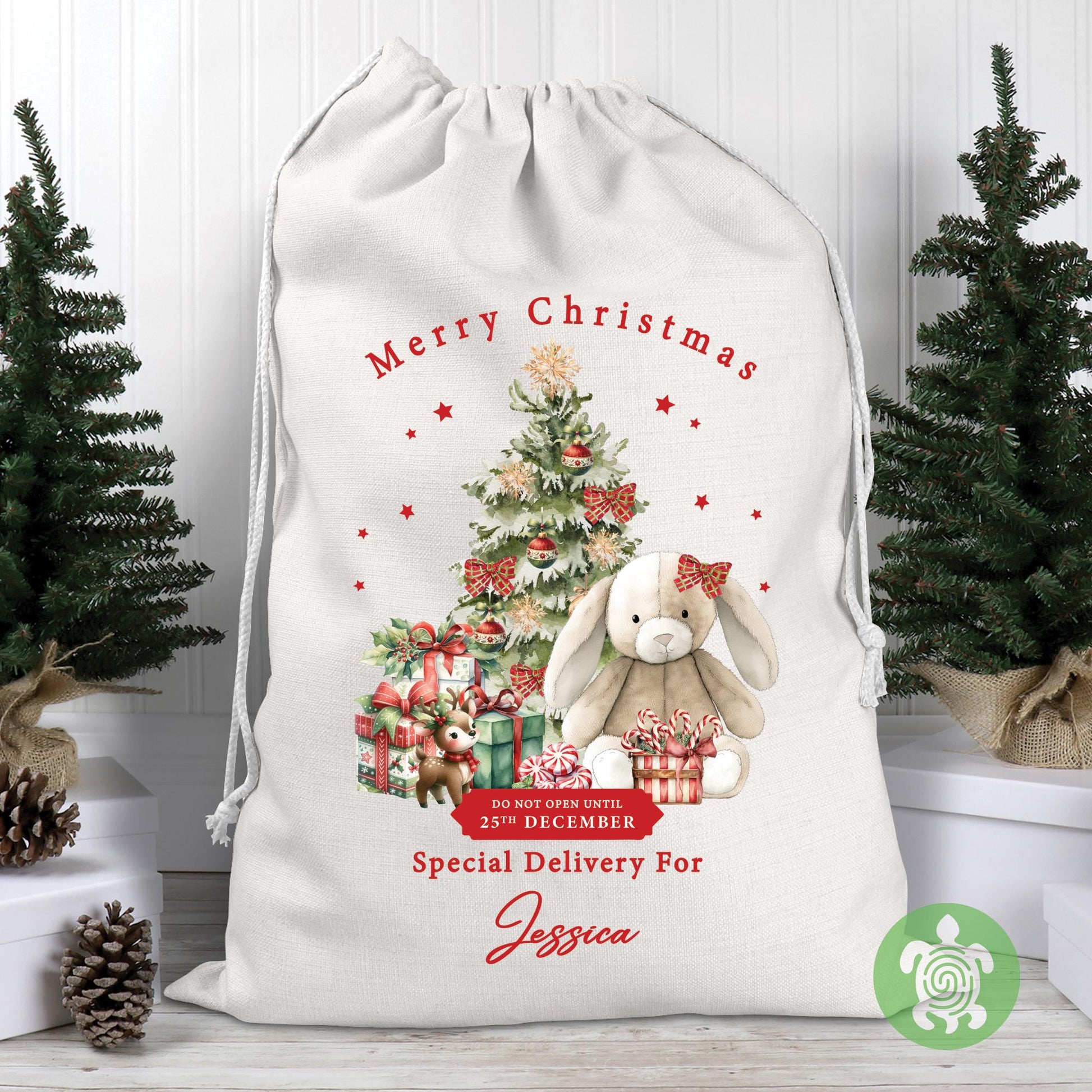Personalised Christmas Red Bunny Sack, Luxury Linen Polyester Christmas Sack, Christmas Eve Box, 1st Christmas sack, Toy Gift bag