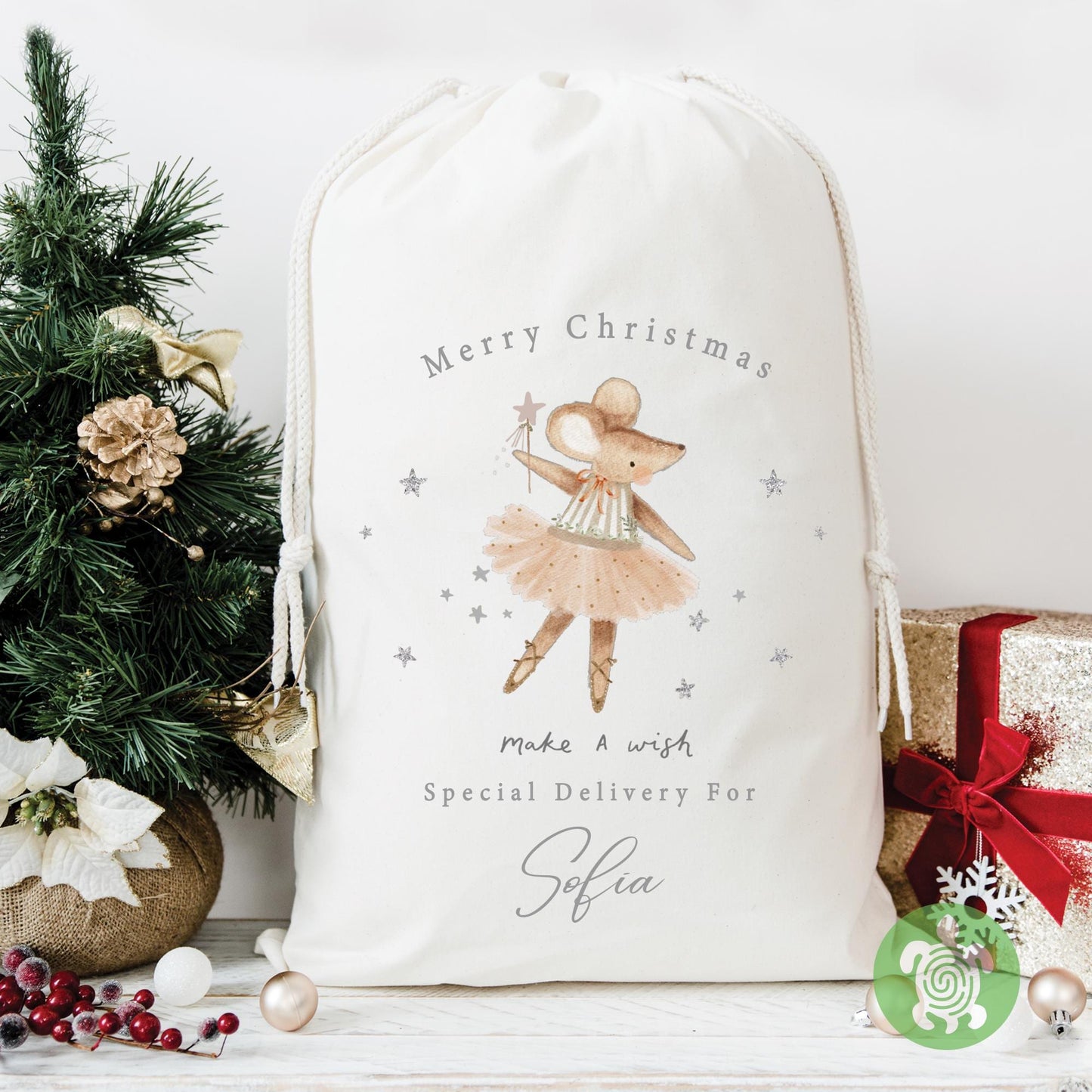 Personalised Christmas Sparkle Mouse Sack, Luxury Linen Polyester Christmas Sack, Christmas Eve Box, 1st Christmas sack, Toy Gift bag