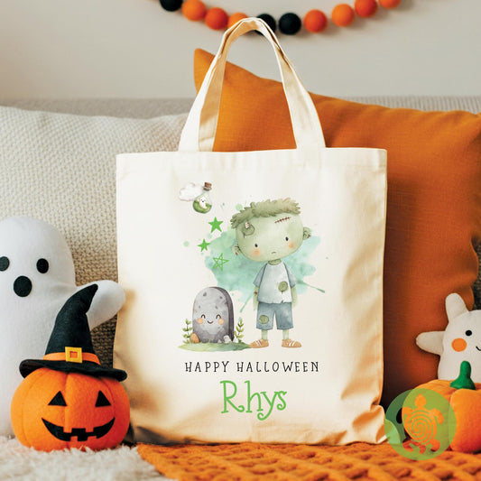 Personalised Boys Happy Halloween Tote Bag, Trick or Treat, Present Gift Kids, Spooky Scary, Pumpkin Accessory, Boo Bags, Custom Sweet Bag