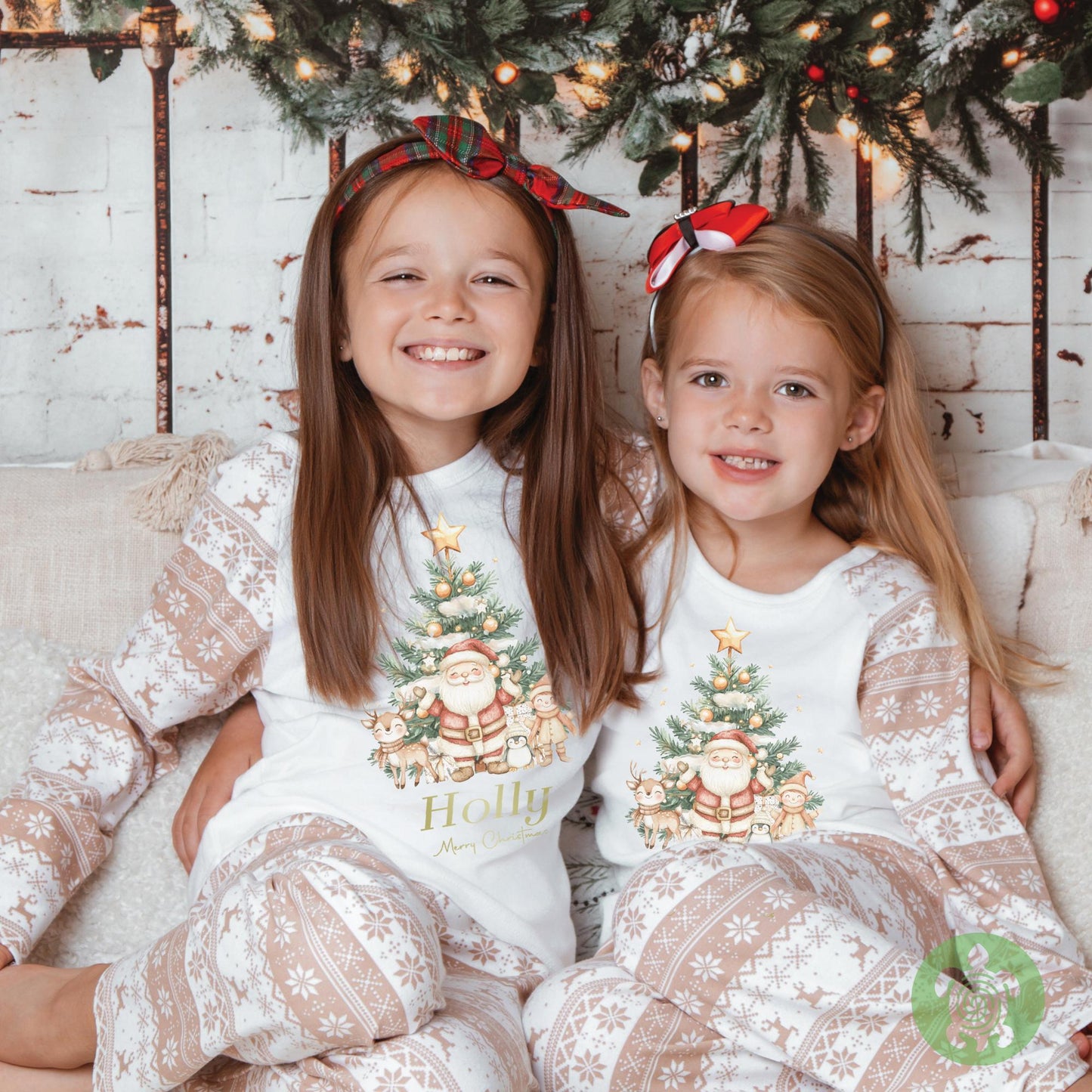 Luxury Beige Santa Scene Adults Christmas Matching Outfit, Beige Festive Pattern, Personalised Clothing, Xmas Eve Set, Tight-fitting style