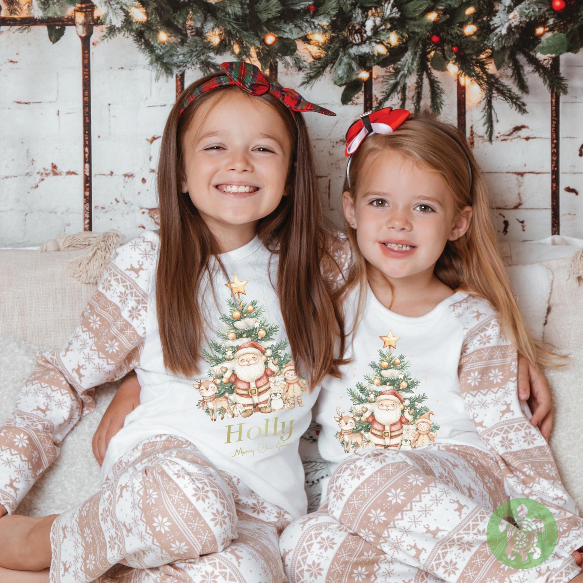 Luxury Beige Santa Scene Adults Christmas Matching Outfit, Beige Festive Pattern, Personalised Clothing, Xmas Eve Set, Tight-fitting style