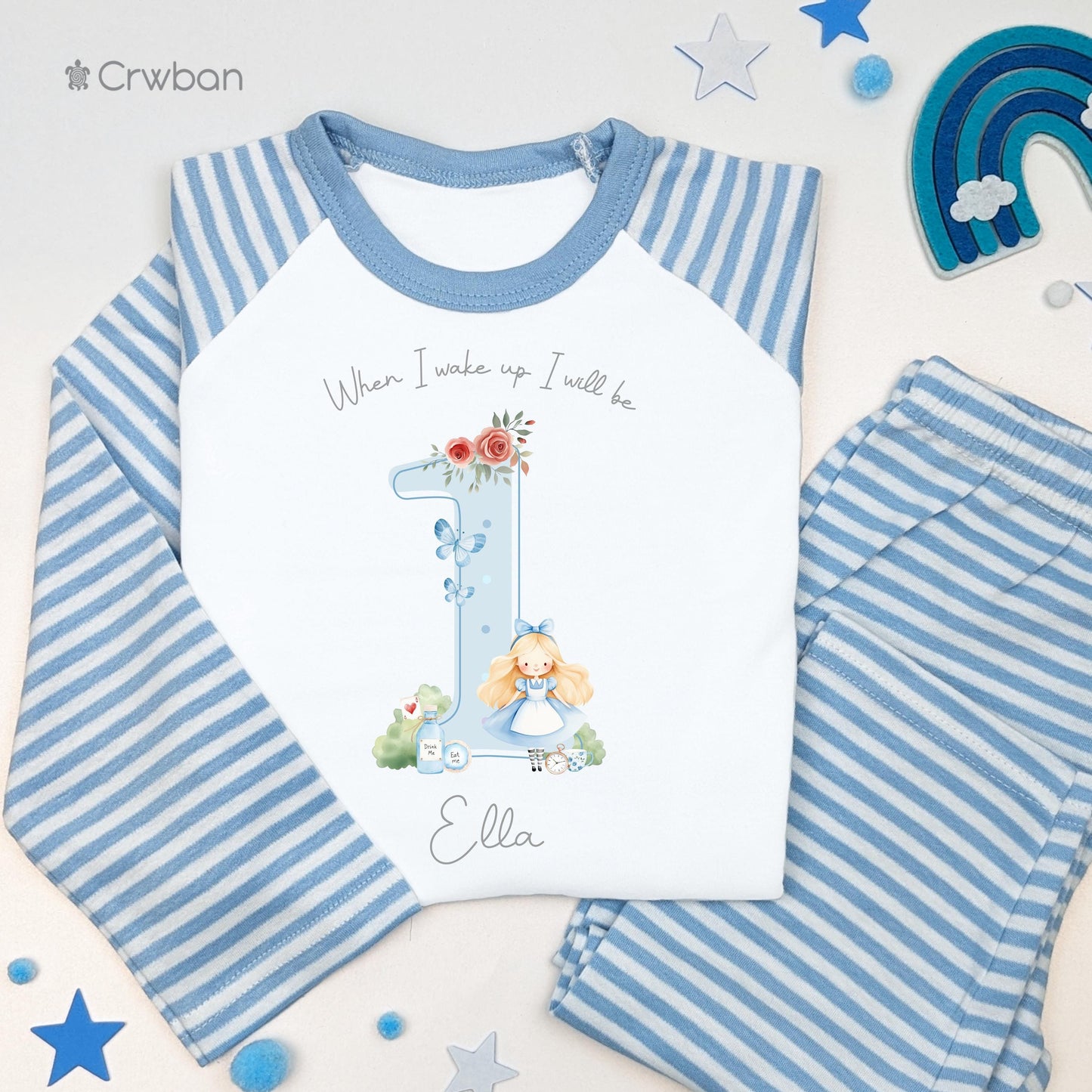 Alice in Wonderland Personalised Children's Pyjamas, Any Age, When I Wake Up, Birthday Girl, 1st 2nd, Birthday Eve, Pink, Purple, Sage, Blue