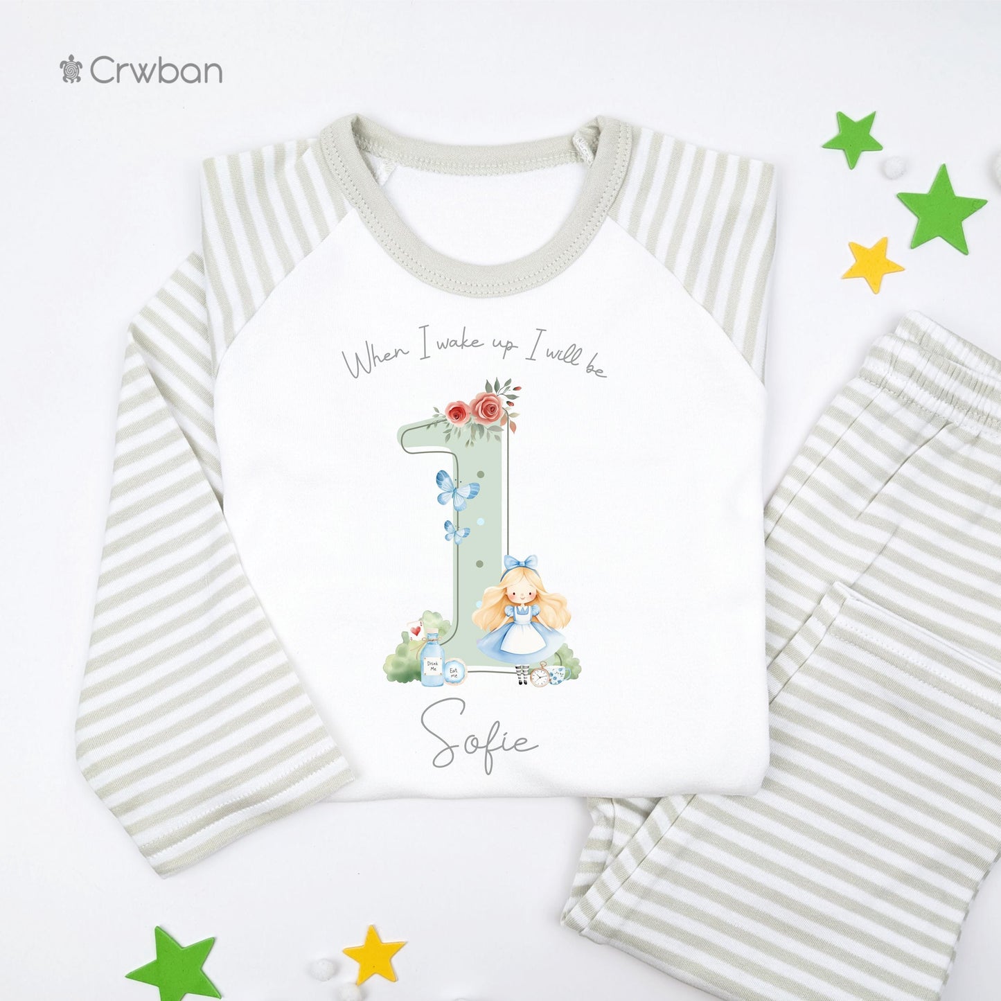 Alice in Wonderland Personalised Children's Pyjamas, Any Age, When I Wake Up, Birthday Girl, 1st 2nd, Birthday Eve, Pink, Purple, Sage, Blue