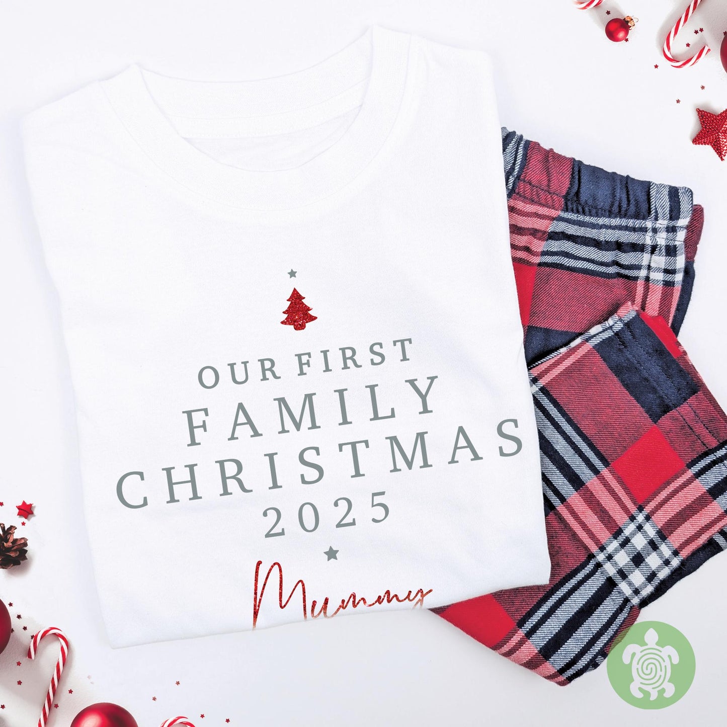 Luxury Personalised Our First Family Christmas, Adults Matching Set, Red Tartan Pattern, Clothing Set, Tight-fitting style, 1st Christmas