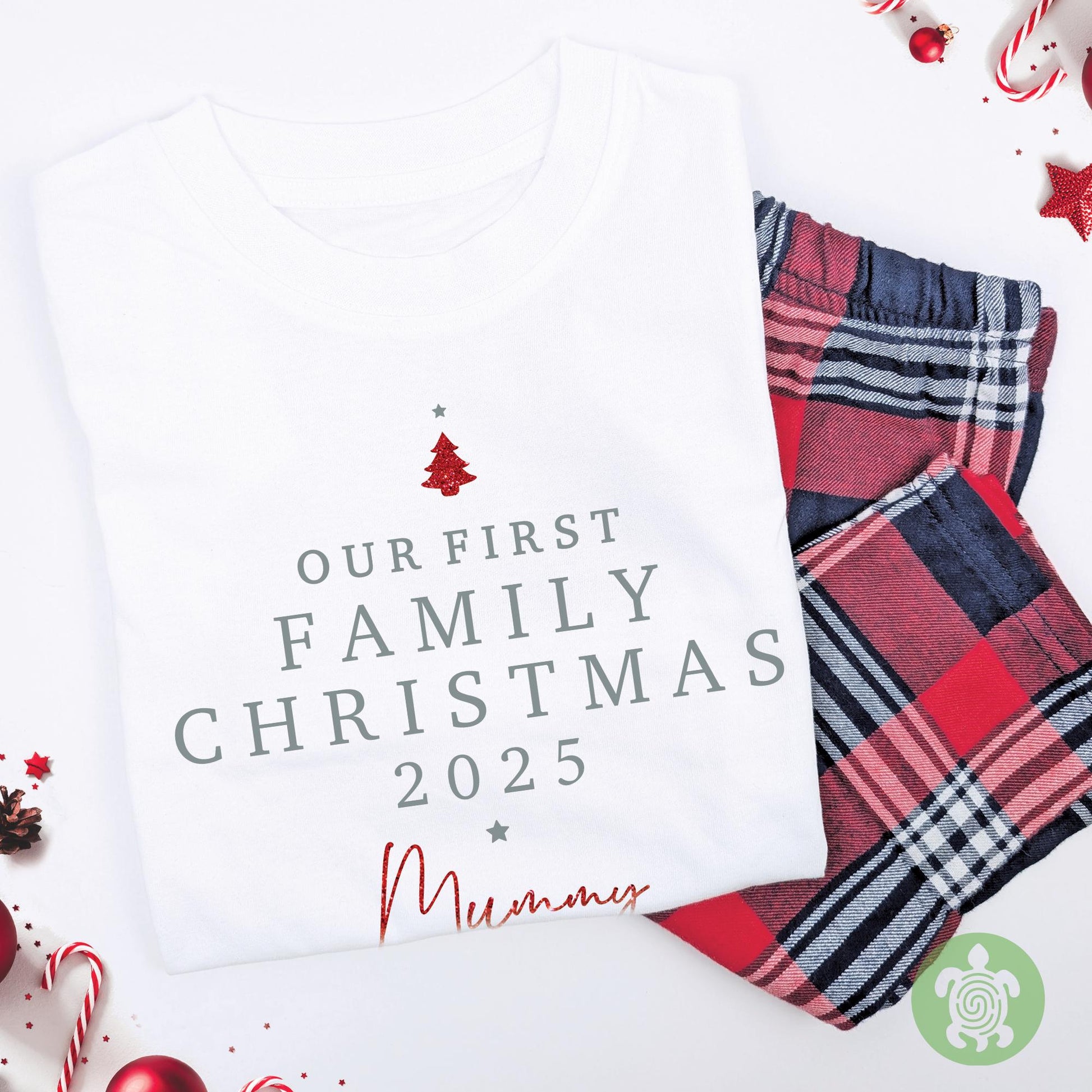 Luxury Personalised Our First Family Christmas, Adults Matching Set, Red Tartan Pattern, Clothing Set, Tight-fitting style, 1st Christmas