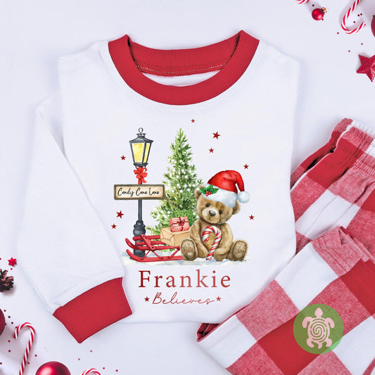 Luxury Red Teddy Believes Candy Lane Christmas Outfit, Festive Pattern, Personalised Clothing Set, Tight-fitting style, Christmas Eve Box