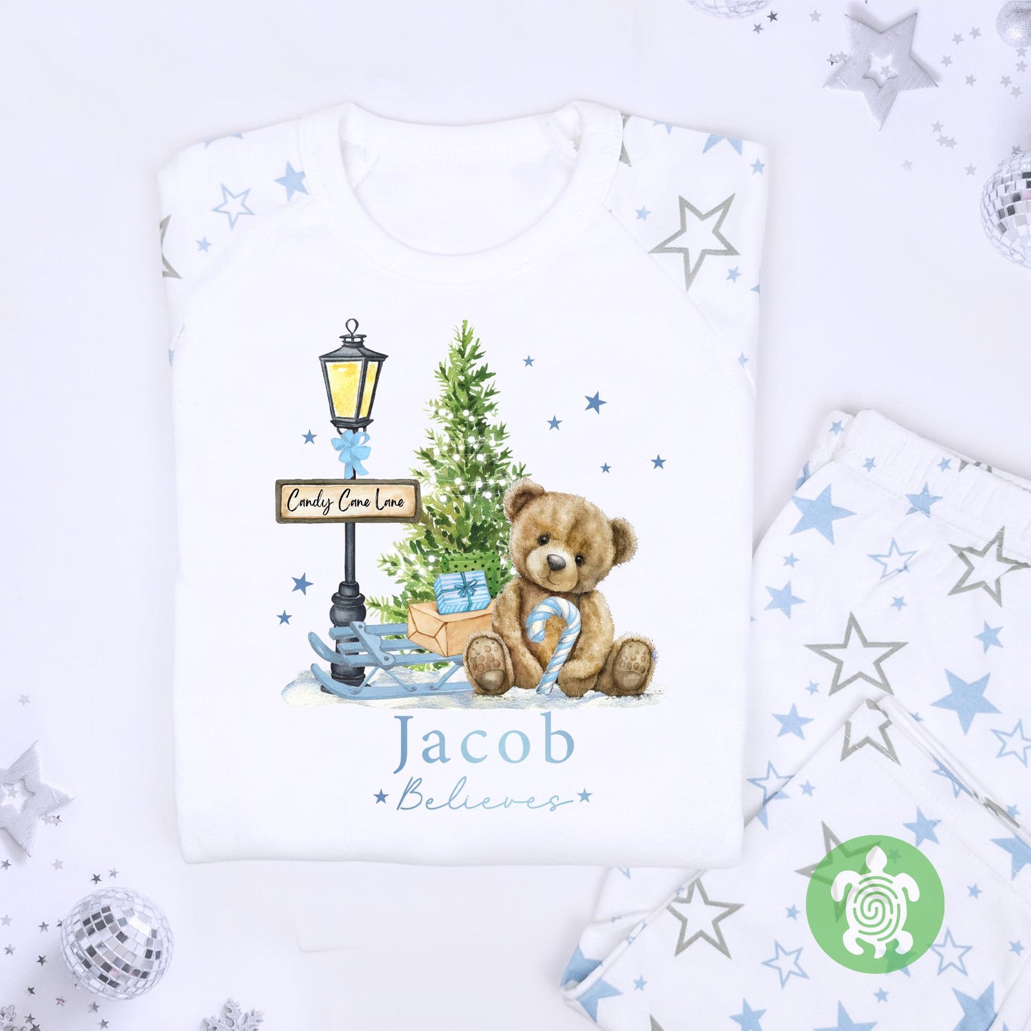 Luxury Blue Teddy Believes Candy Lane Christmas Outfit, Festive Pattern, Personalised Clothing Set, Tight-fitting style, Christmas Eve Box