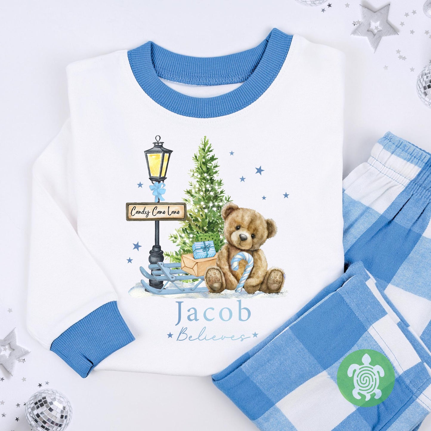 Luxury Blue Teddy Believes Candy Lane Christmas Outfit, Festive Pattern, Personalised Clothing Set, Tight-fitting style, Christmas Eve Box