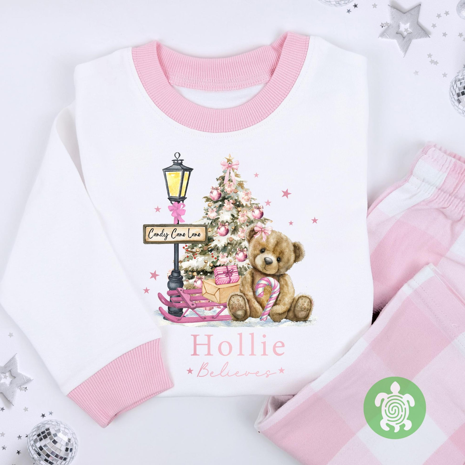 Luxury Pink Teddy Believes Candy Lane Christmas Outfit, Festive Pattern, Personalised Clothing Set, Tight-fitting style, Christmas Eve Box