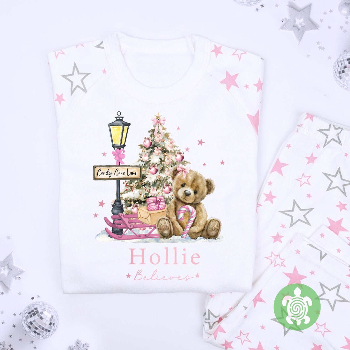 Luxury Pink Teddy Believes Candy Lane Christmas Outfit, Festive Pattern, Personalised Clothing Set, Tight-fitting style, Christmas Eve Box