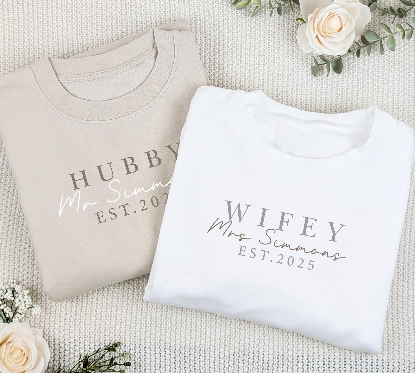 Personalised Hubby & Wifey Sweatshirt Set, Newlyweds, Matching Outfits, Wedding Gift, Honeymoon Jumper, Mr + Mrs Matching Set, Just Married
