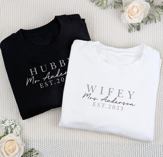 Personalised Hubby & Wifey Sweatshirt Set, Newlyweds, Matching Outfits, Wedding Gift, Honeymoon Jumper, Mr + Mrs Matching Set, Just Married