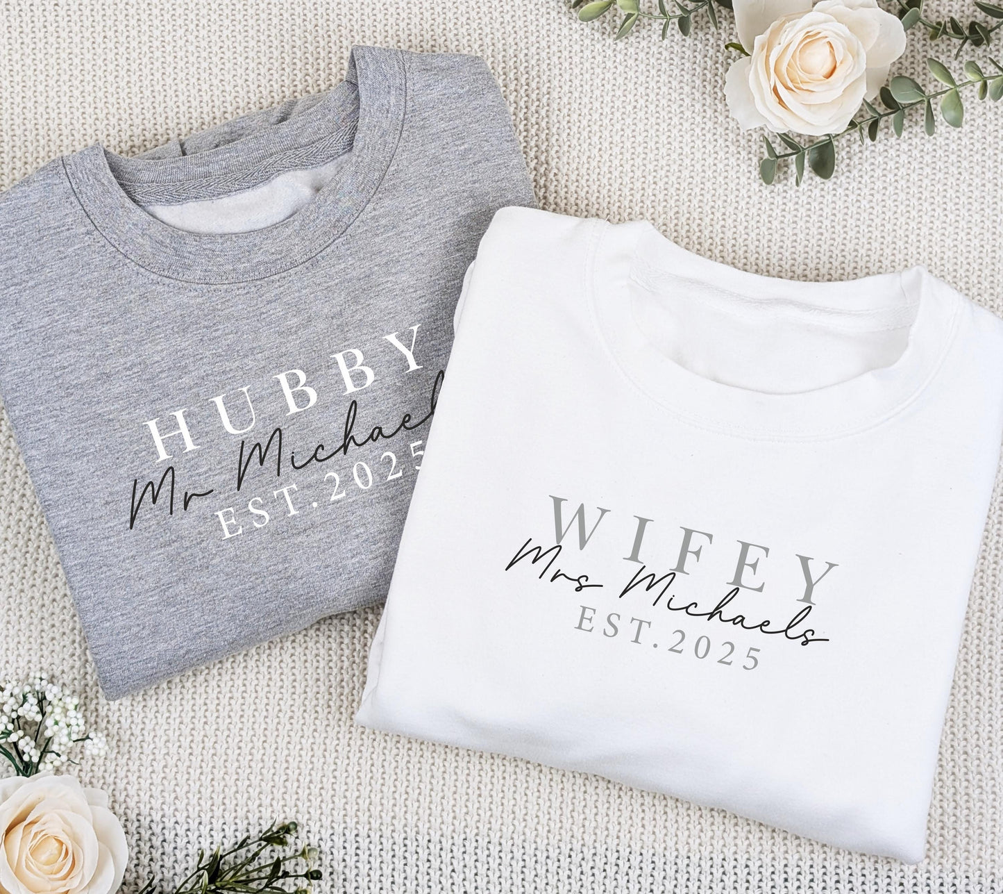 Personalised Hubby & Wifey Sweatshirt Set, Newlyweds, Matching Outfits, Wedding Gift, Honeymoon Jumper, Mr + Mrs Matching Set, Just Married
