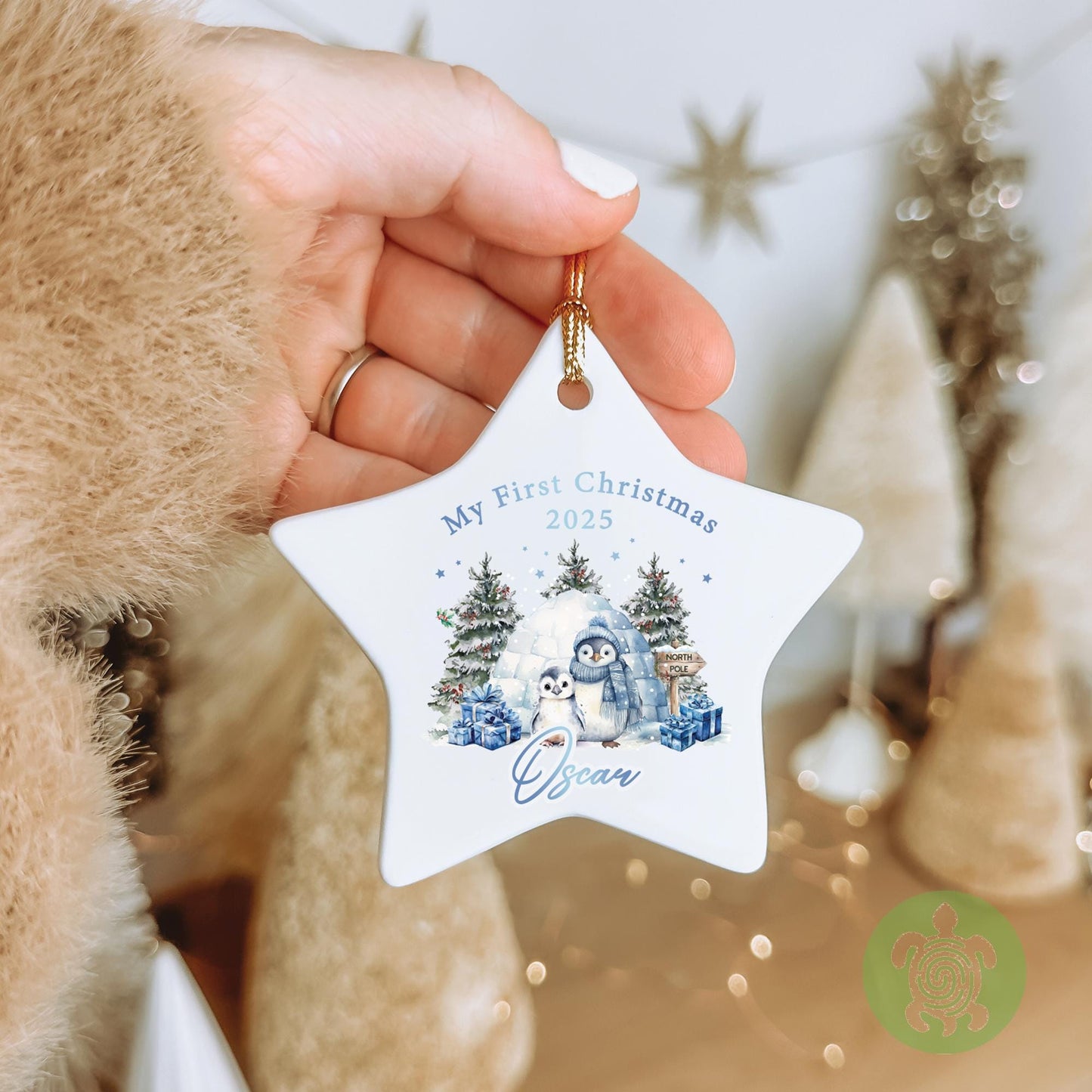Personalised Blue Penguin Merry Christmas Ornament | Ceramic Bauble | Custom Newborn Gift | 1st Xmas Tree Decoration | First Keepsake2025