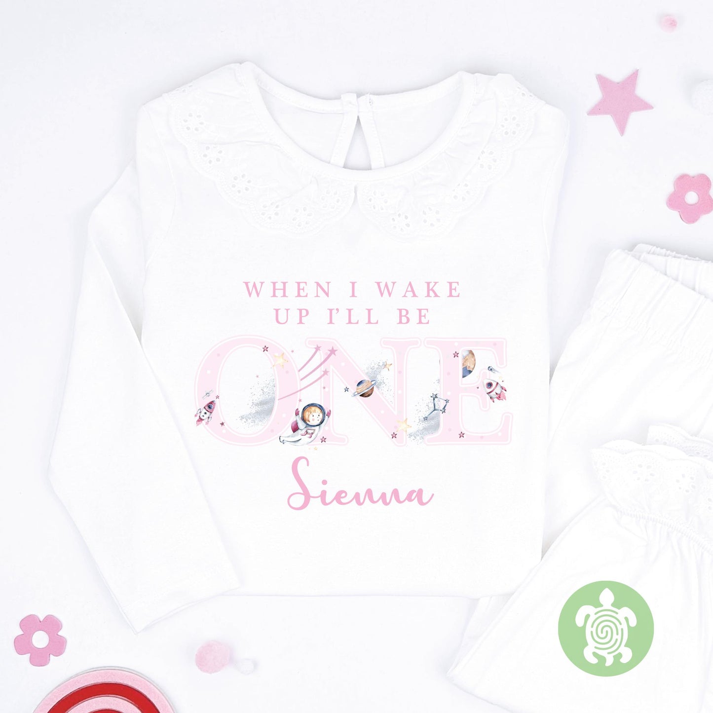 Pink Space Girl When I Wake Up Any Age Personalised Kids Outfit, Birthday Morning Set, Custom Name Cotton Clothing Set, Tight-fitting style