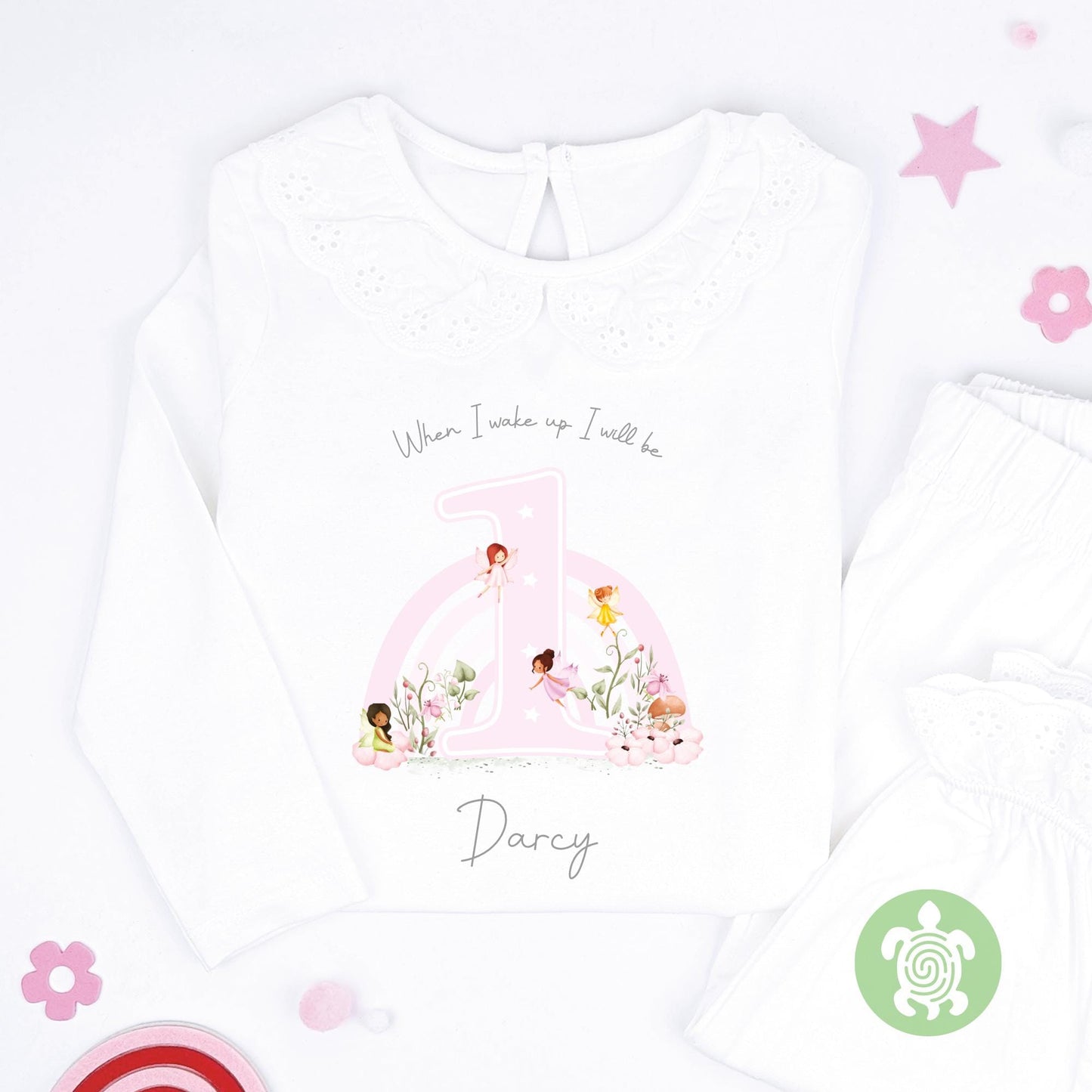 Girls Fairy Pink Rainbow 1st birthday pjs, girls first birthday pyjamas, girls personalised pjs, girls personalised pyjamas, And Age Gift