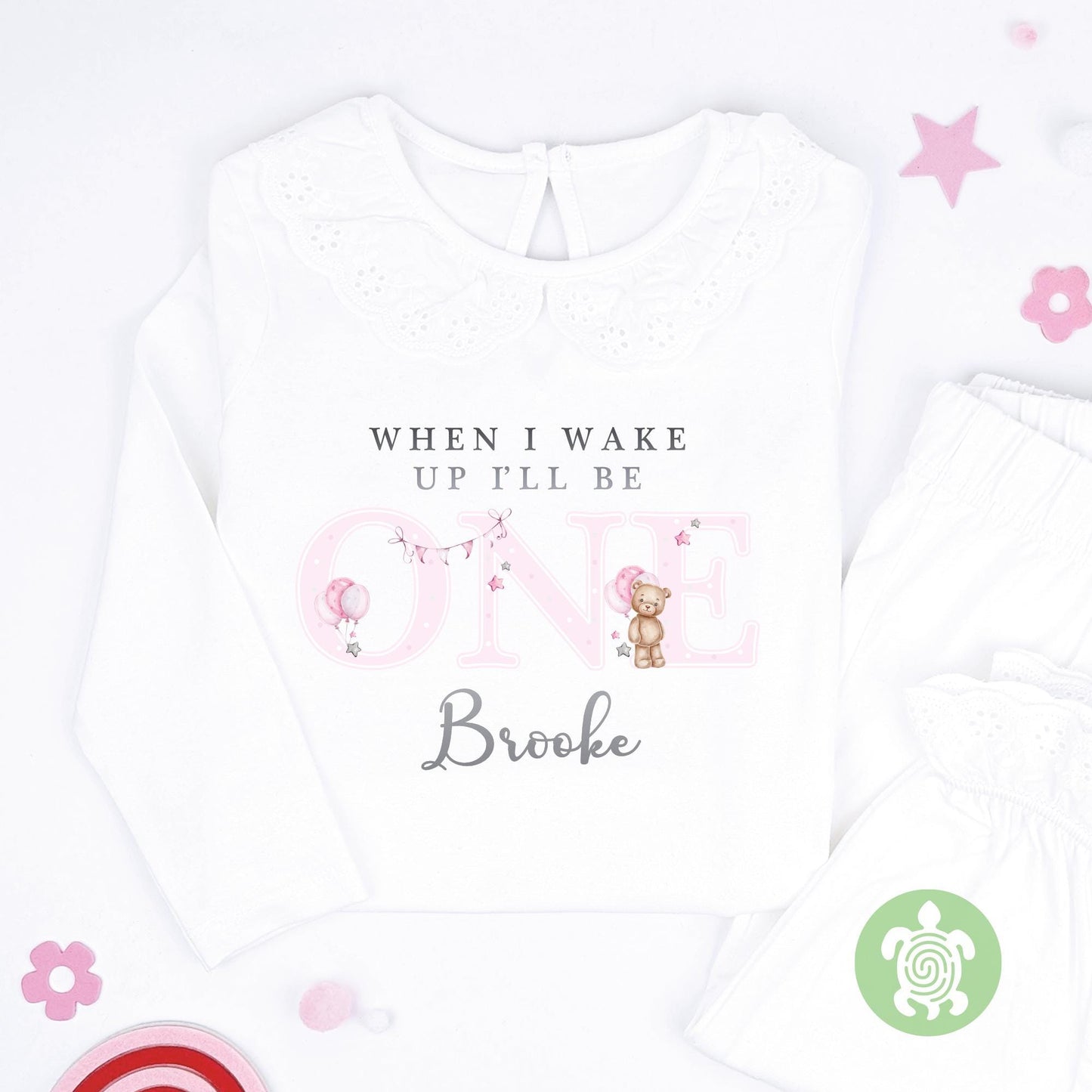 Pink Teddy Bear Metallic Silver Print Personalised Kids Outfit, Birthday Morning Set, Custom Name Cotton Clothing Set, Tight-fitting style