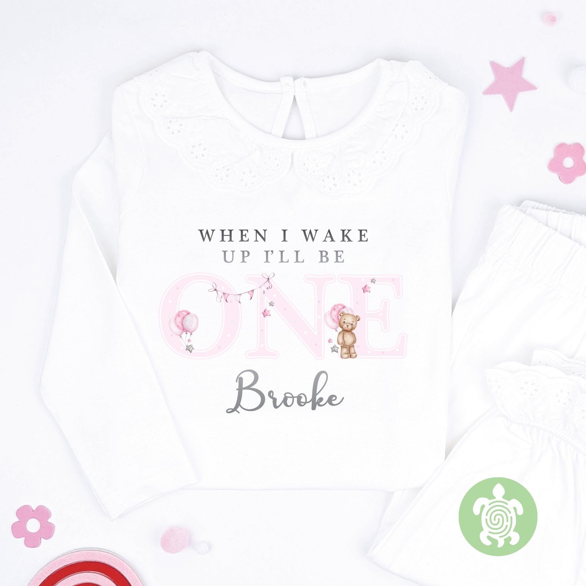 Pink Teddy Bear Metallic Silver Print Personalised Kids Outfit, Birthday Morning Set, Custom Name Cotton Clothing Set, Tight-fitting style