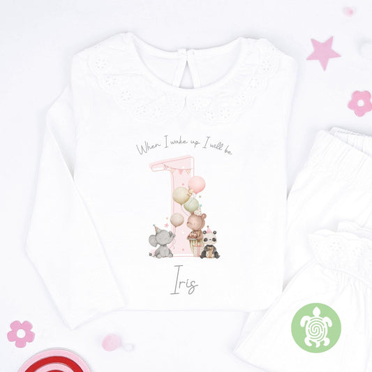 Pink Teddy Party Birthday Pj's Personalised Watercolour Birthday, When I Wake Up Pyjamas, Grey Print, Baby Girl, Any Age, Party Outfit