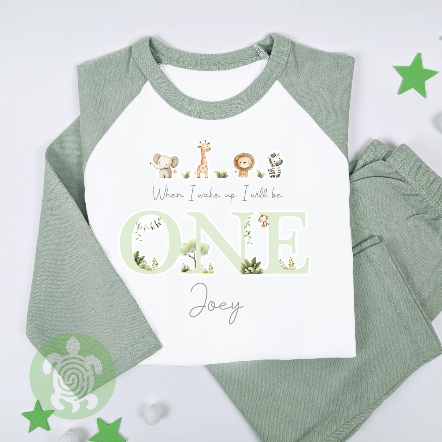Neutral Green Four Safari Animals Personalised Children's, Any Age, When I Wake Up Birthday, Boy Girl Birthday Outfit, 1st 2nd, Birthday Eve