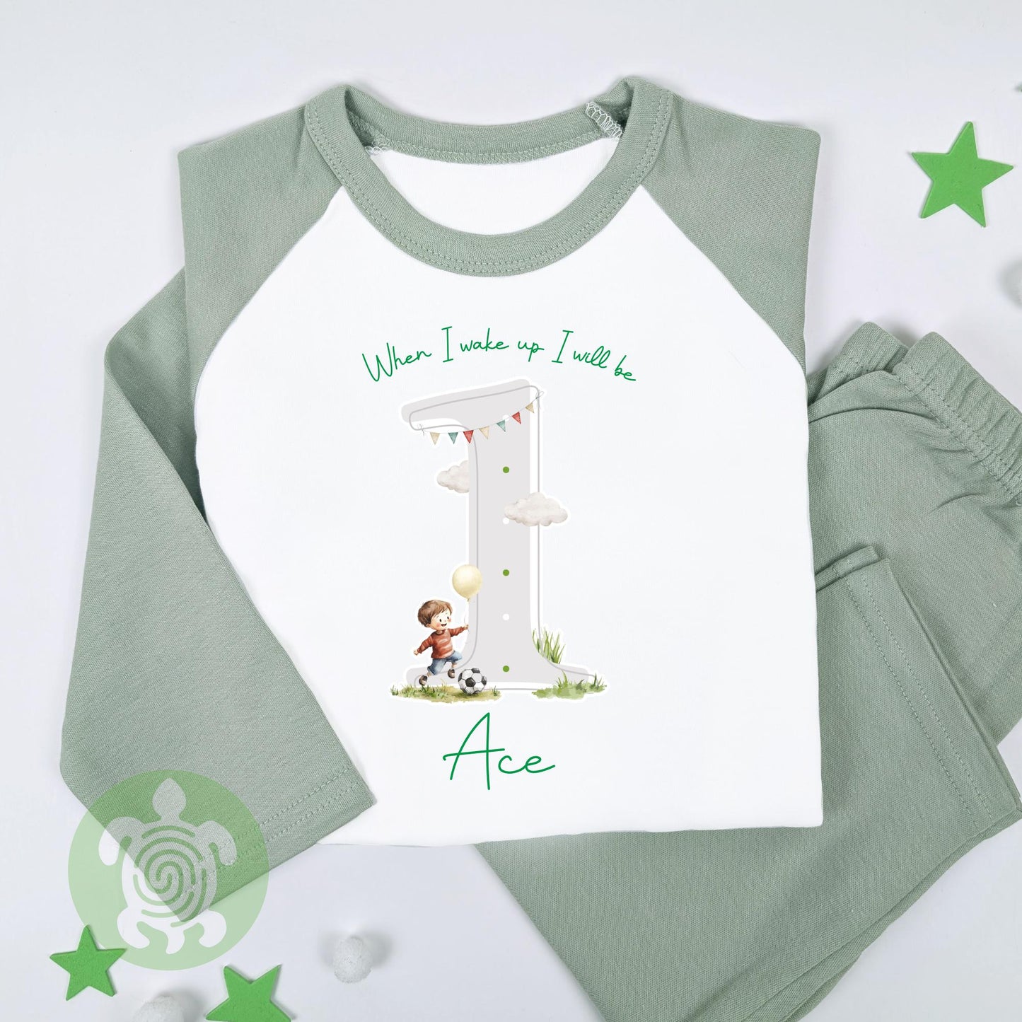 Personalised Sage Green Football Shadow Any Age Birthday, Boy Pyjamas, When I Wake Up I'll Be Birthday, Birthday Nightwear, Birthday Outfit