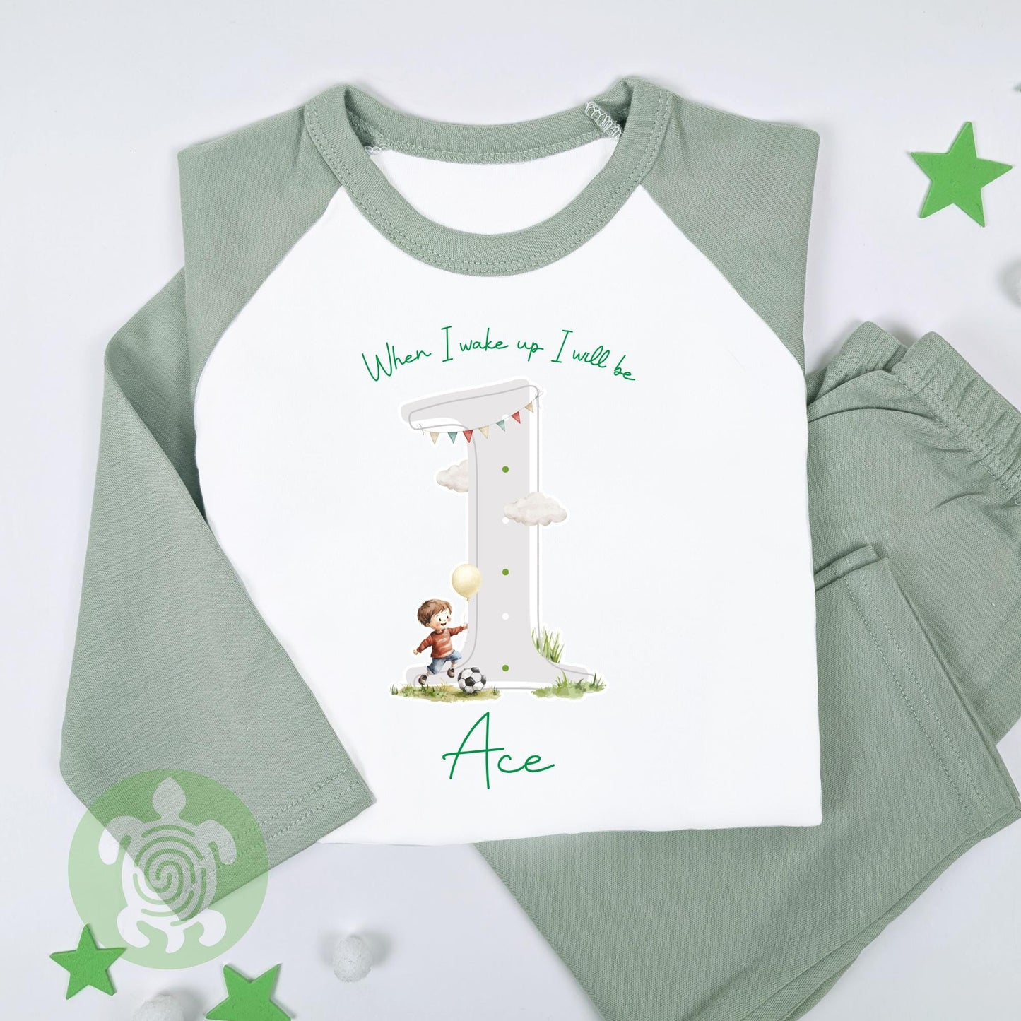 Sage Green Football Shadow When I Wake Personalised Kids Outfit, Birthday Morning Set, Custom Name Cotton Clothing Set, Tight-fitting style