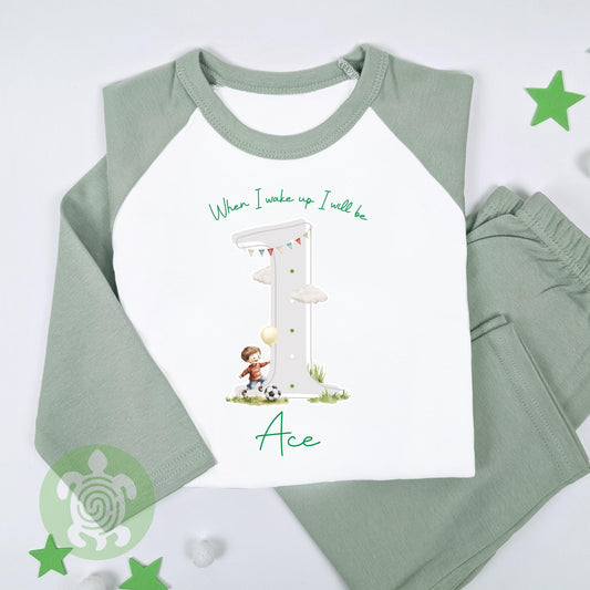 Sage Green Football Shadow When I Wake Personalised Kids Outfit, Birthday Morning Set, Custom Name Cotton Clothing Set, Tight-fitting style