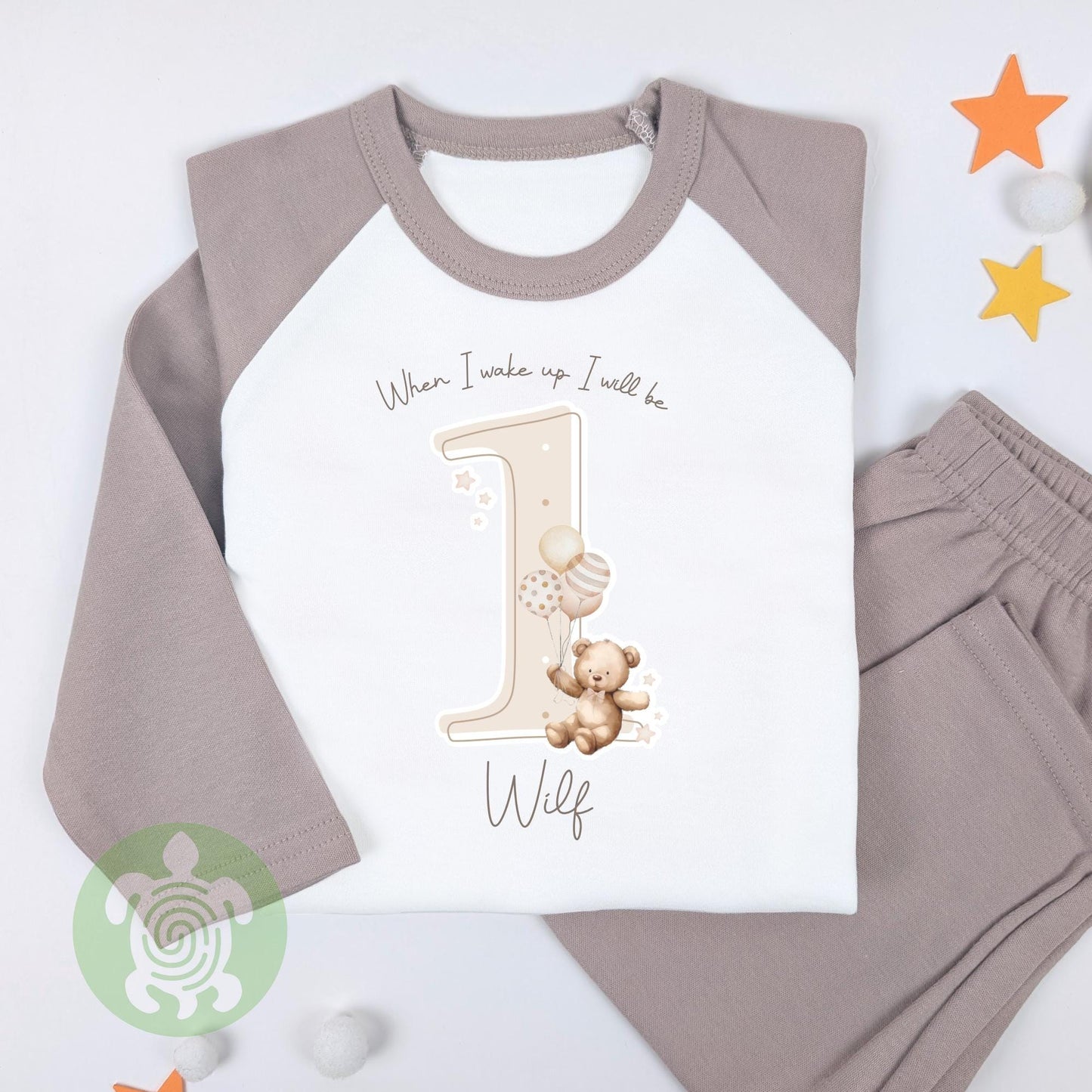 Personalised Neutral Brown Teddy Shadow Any Age Birthday Pyjamas, Children Toddler, Birthday Gift, Birthday Pyjamas, 1st 2nd Birthday Outfit