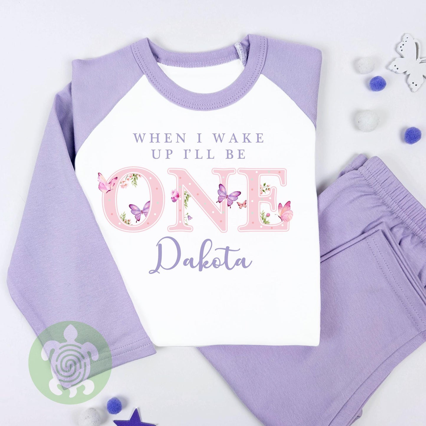 Childrens Purple Butterfly Birthday Pj's Personalised with Any Age, When I Wake Up, Pink Stripe Pyjamas Toddler, Birthday Girl, 1st Birthday