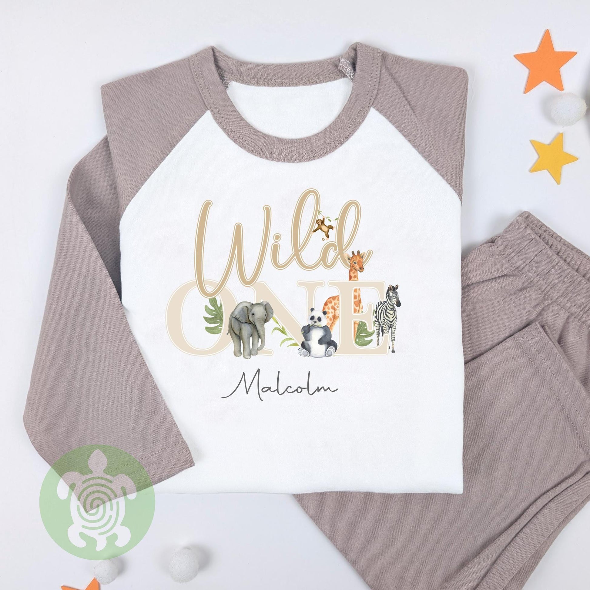 Neutral Wild One Safari Personalised Kids Outfit, 1st Birthday Morning Animal Set, Custom Name Cotton Clothing Set, Tight-fitting style