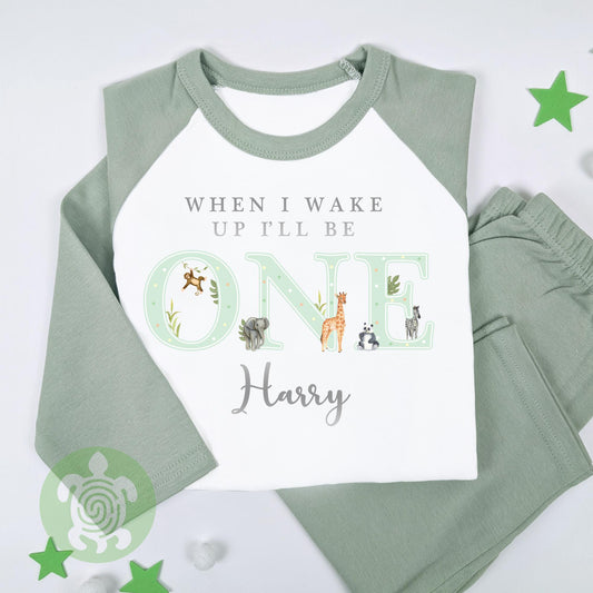 Safari Jungle Personalised Kids Outfit, Birthday Morning Set, Custom Name Cotton Clothing Set, Tight-fitting style, Metallic Silver Print