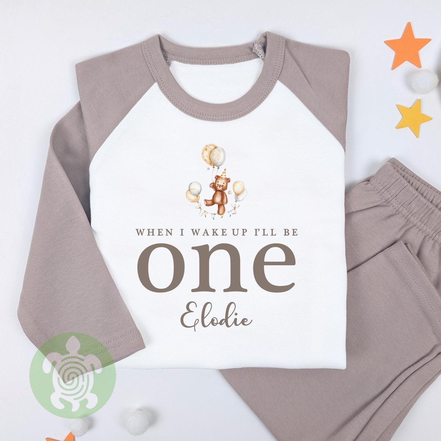 Teddy Bear 1st 2nd 3rd Birthday Pj's, Personalised Birthday, When I Wake Up Pyjamas, Natural Stripe Set, Boy Girl Any Age, Brown Print