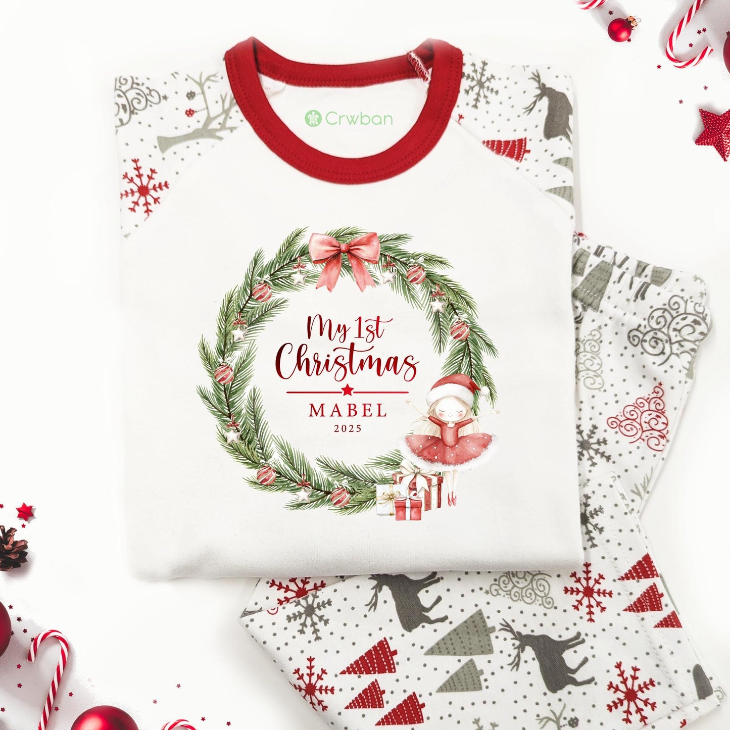 Luxury Personalised Ballerina Wreath My First Christmas, Red Festive Pattern, XMas Eve Set, Choose your Ballerina, Tight-fitting style