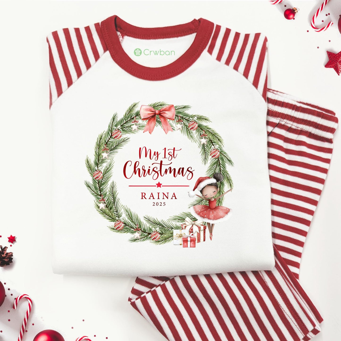 Luxury Personalised Ballerina Wreath My First Christmas, Red Festive Pattern, XMas Eve Set, Choose your Ballerina, Tight-fitting style