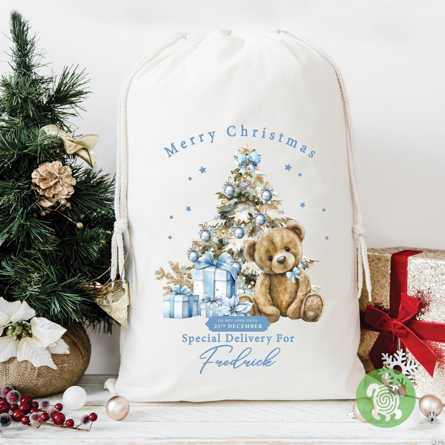 Personalised Christmas Blue Teddy Sack, Luxury Linen Polyester Christmas Sack, Christmas Eve Box, 1st Christmas sack, Toy Gift bag