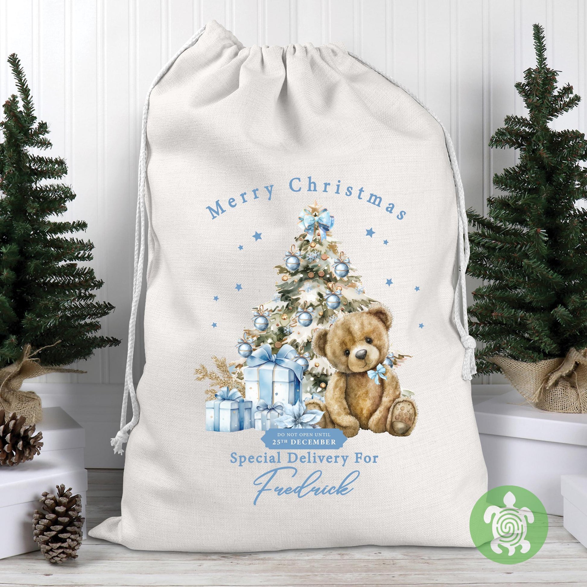 Personalised Christmas Blue Teddy Sack, Luxury Linen Polyester Christmas Sack, Christmas Eve Box, 1st Christmas sack, Toy Gift bag