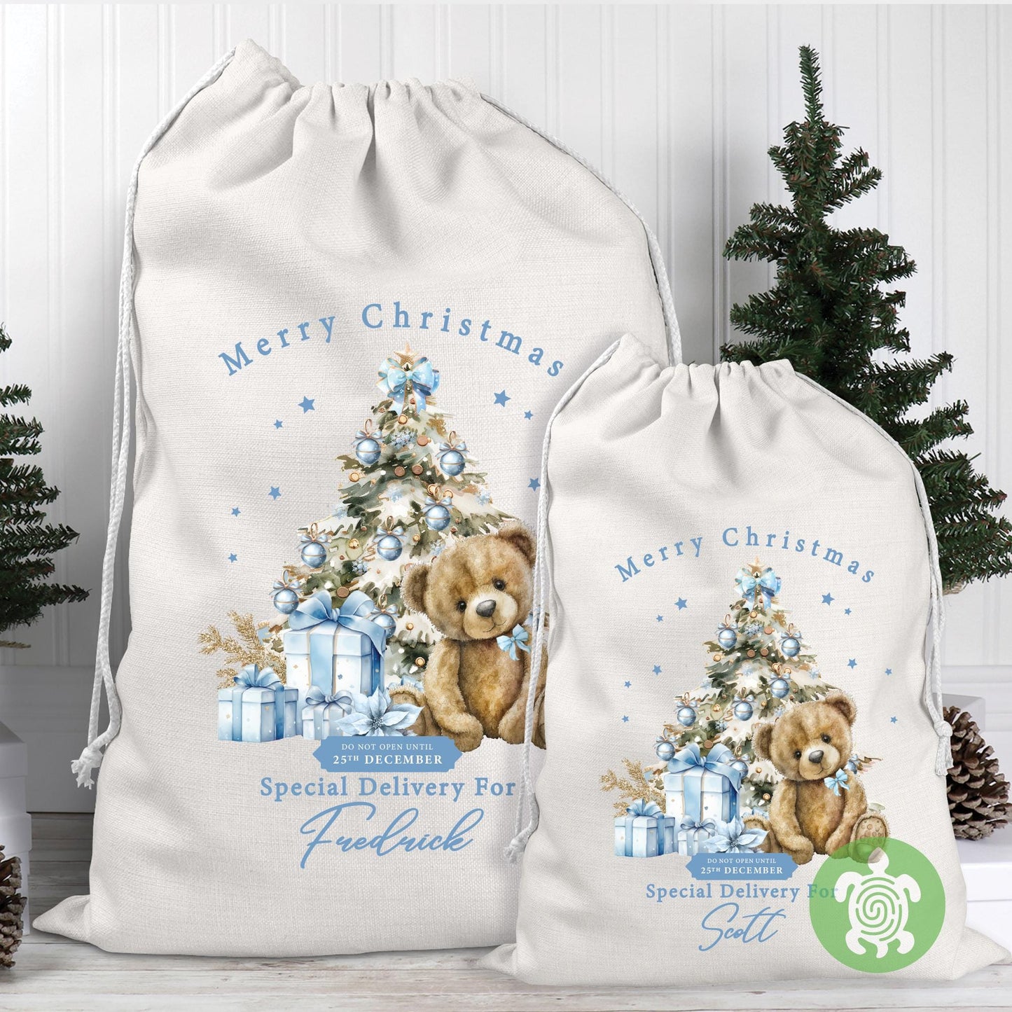 Personalised Christmas Blue Teddy Sack, Luxury Linen Polyester Christmas Sack, Christmas Eve Box, 1st Christmas sack, Toy Gift bag