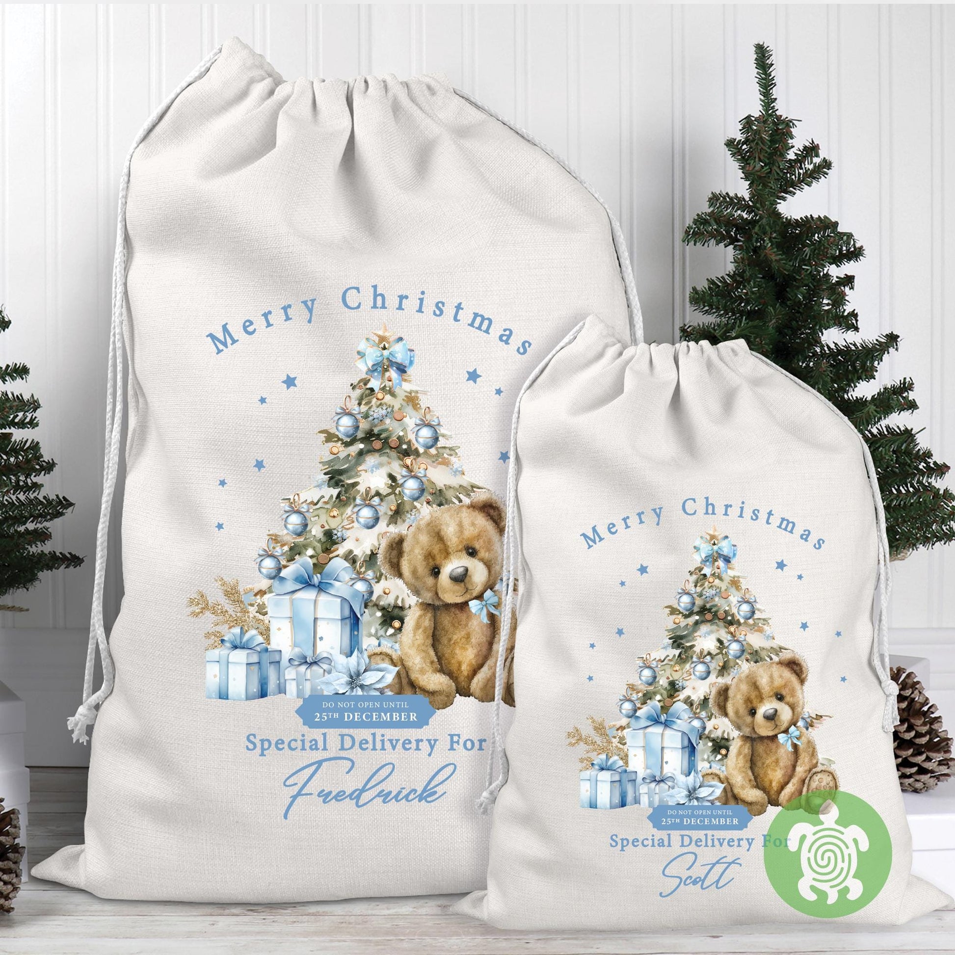 Personalised Christmas Blue Teddy Sack, Luxury Linen Polyester Christmas Sack, Christmas Eve Box, 1st Christmas sack, Toy Gift bag