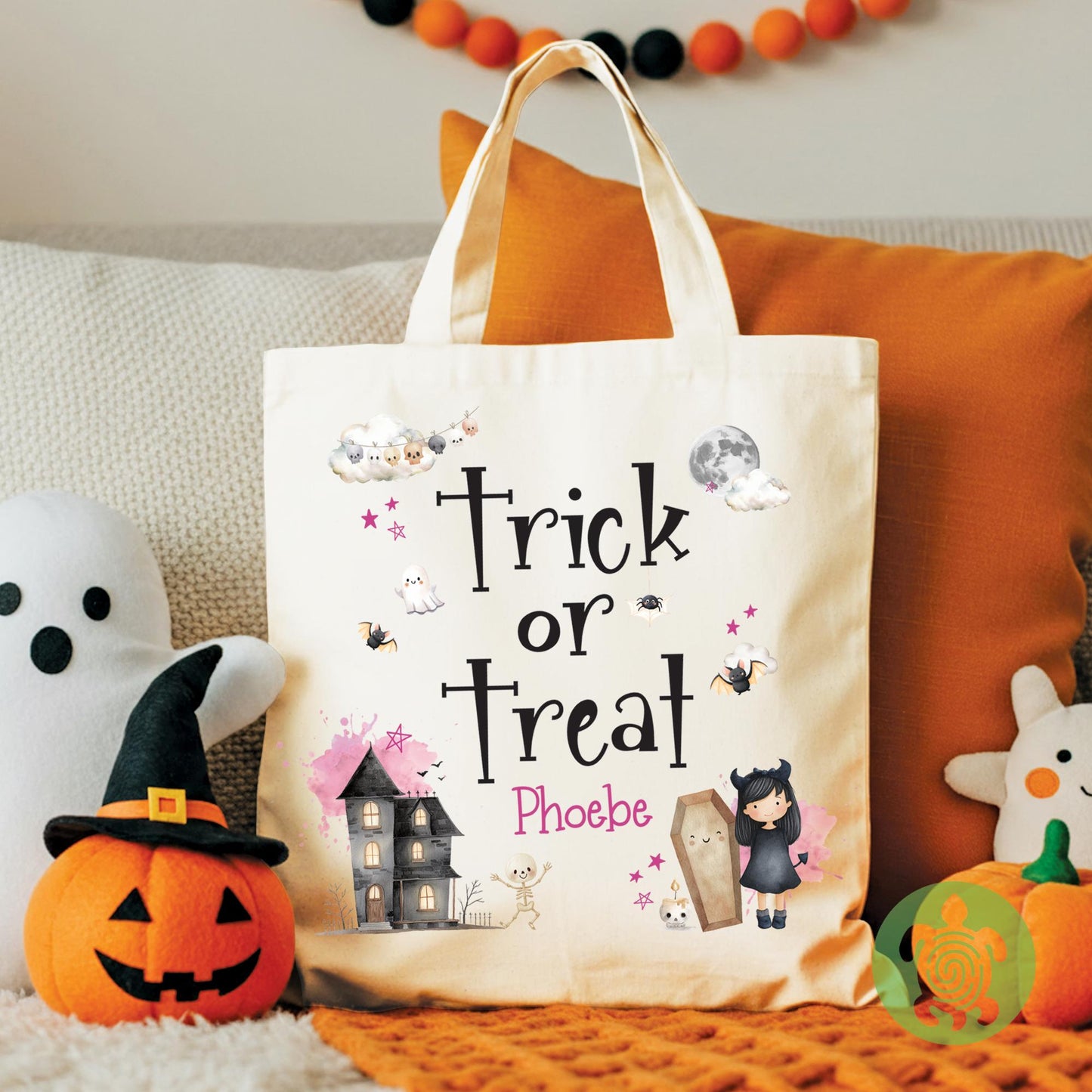 Personalised Girls Halloween Tote Bag for Trick or Treat, Present Gift Kids, Spooky Scary, Pumpkin Accessory, Boo Bags, Custom Sweet Bag