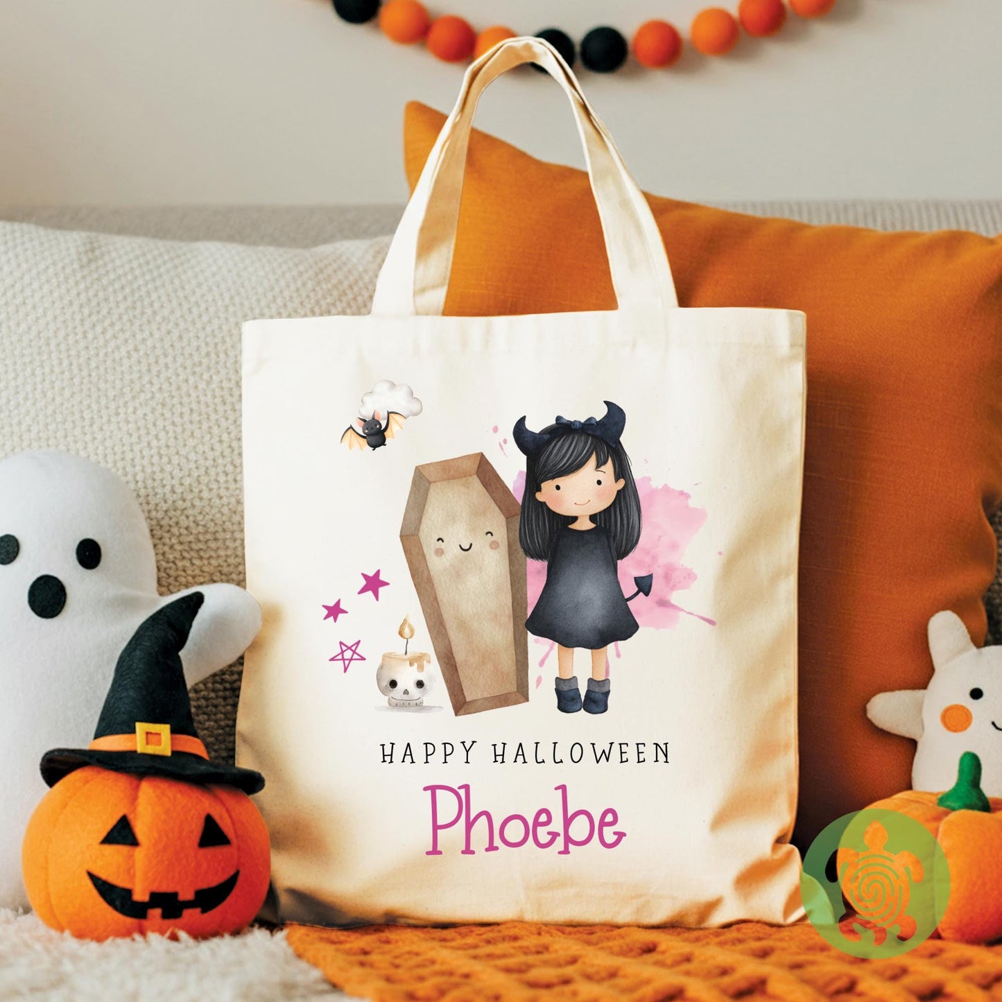 Personalised Girls Happy Halloween Tote Bag, Trick or Treat, Present Gift Kids, Spooky Scary, Pumpkin Accessory, Boo Bags, Custom Sweet Bag