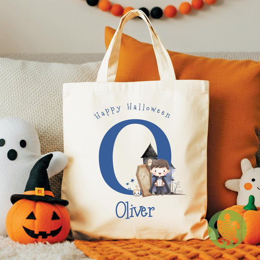 Personalised Boys Halloween Initial Tote Bag, Trick or Treat, Present Gift Kids, Spooky Scary, Pumpkin Accessory, Boo Bags, Sweet Bag